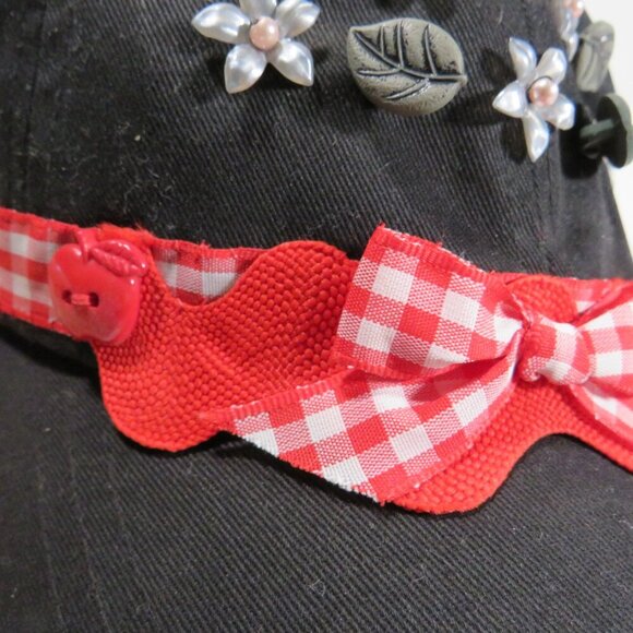 Black and red fabric baseball cap with flowers & red gingham trim Hat - Picture 8 of 10
